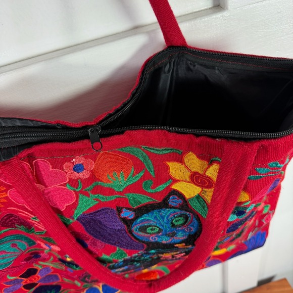 Red Embroidered Cat Floral Tote Bag Zipper Top Art Day of the Dead Inspired - Picture 8 of 14